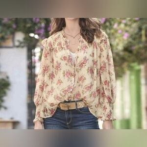 Sundance Amelia Floral Peasant Blouse Small Sheer Cupro Smocked Boho Print Sz S
